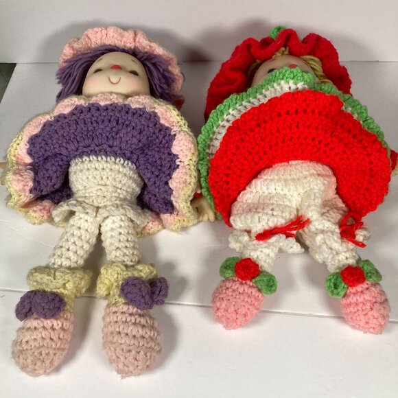 Vintage Strawberry Shortcake & Friends 2 Handmade Crocheted Yarn Dolls w/ Hats - Picture 5 of 11